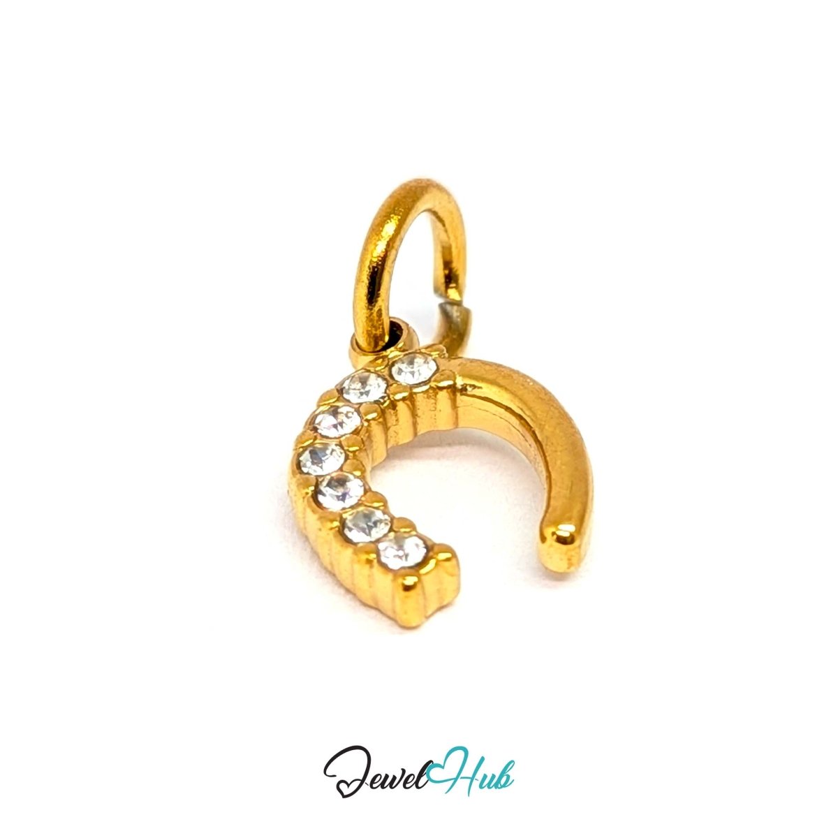 Mini horseshoe charm in gold stainless steel with seven crystals - three-quarter view - JewelHub