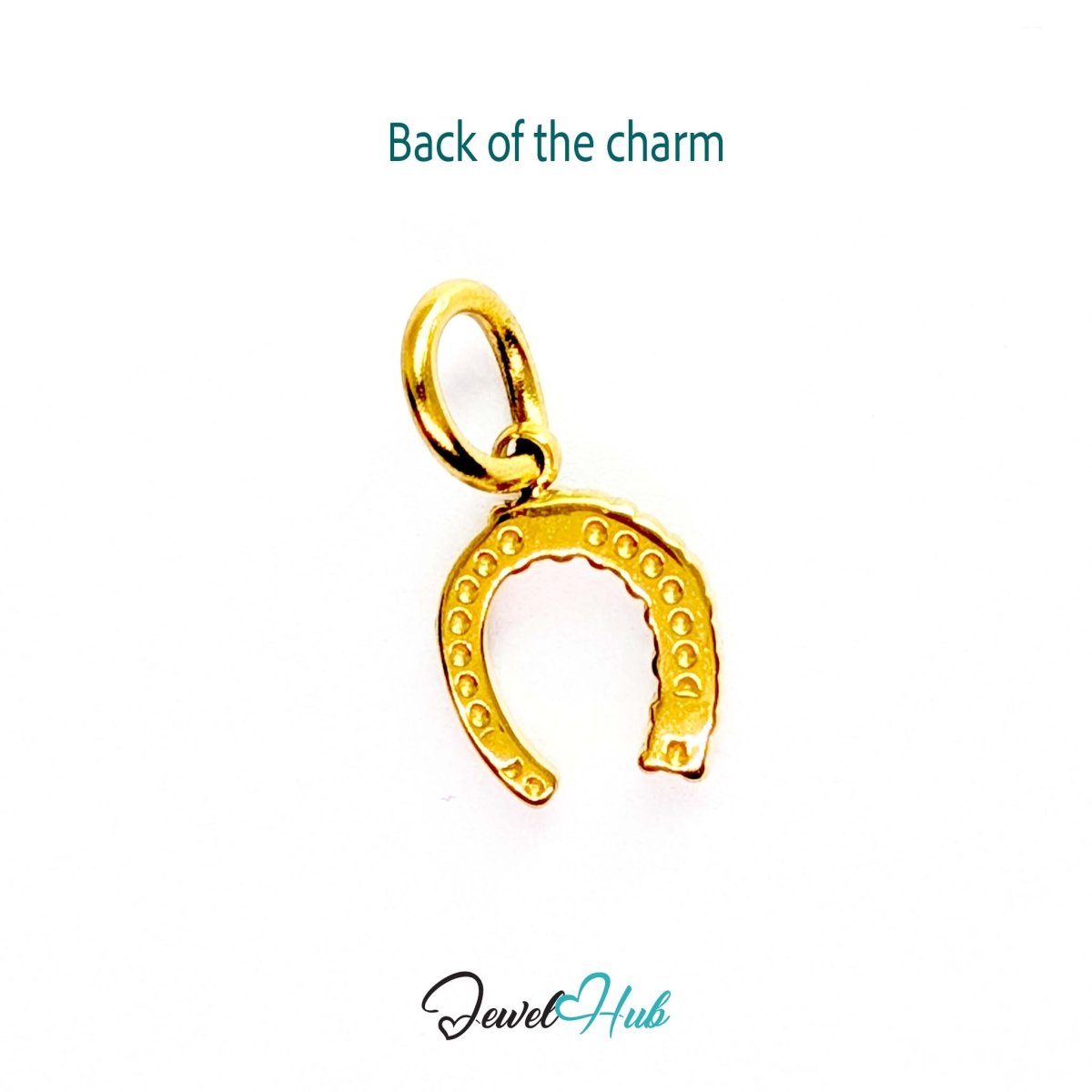 Mini horseshoe charm in gold stainless steel with seven crystals - reverse - JewelHub
