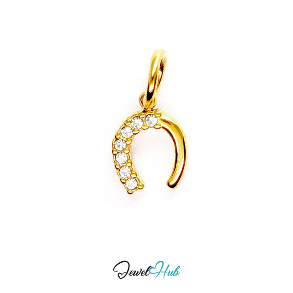 Mini horseshoe charm in gold stainless steel with seven crystals - front view - JewelHub