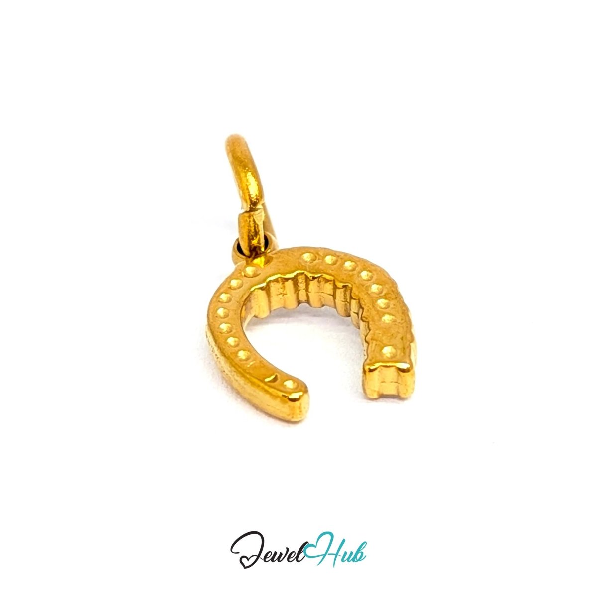 Mini horseshoe charm in gold stainless steel with seven crystals - turned to show depth - JewelHub