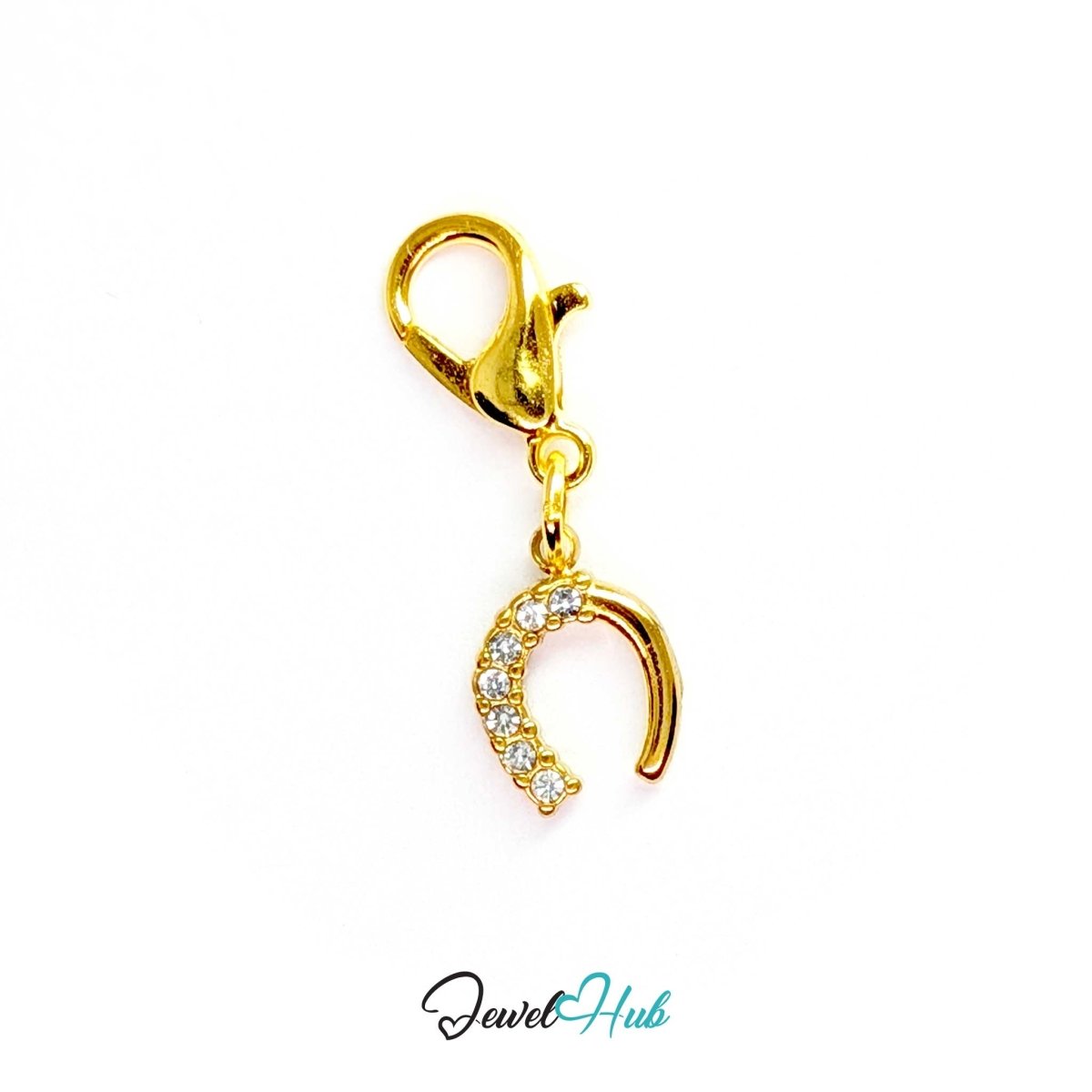 Mini horseshoe charm in gold stainless steel with seven crystals - shown with the lobster clasp attached - JewelHub