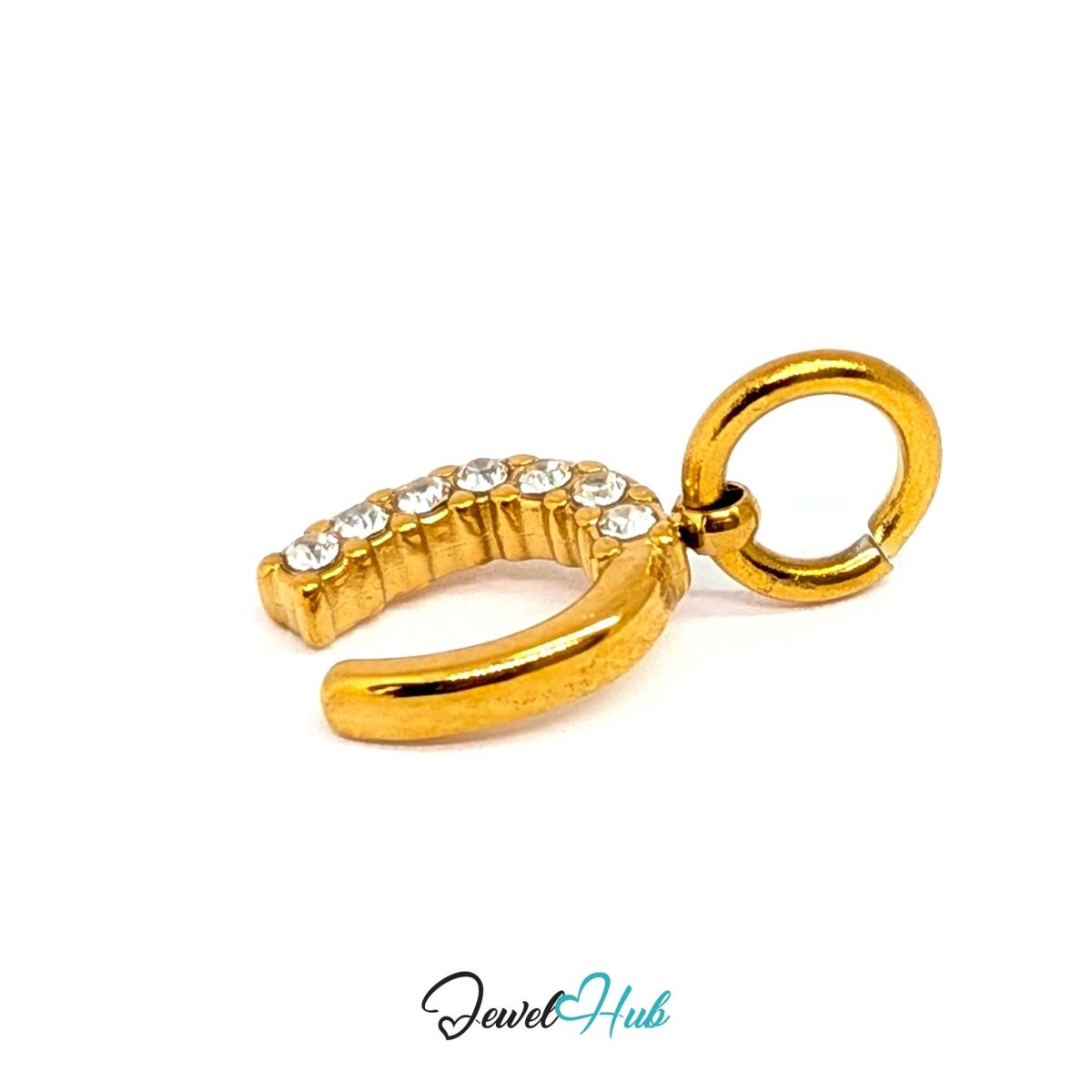 Mini horseshoe charm in gold stainless steel with seven crystals - angled view - JewelHub
