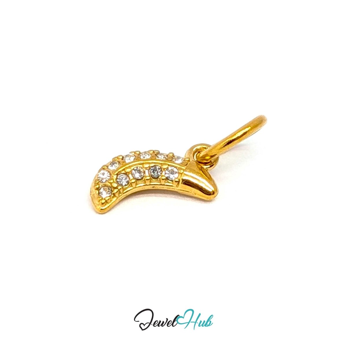 Gold Mini Moon charm at an angle, showing the polished outer ridge beside the set stones - JewelHub