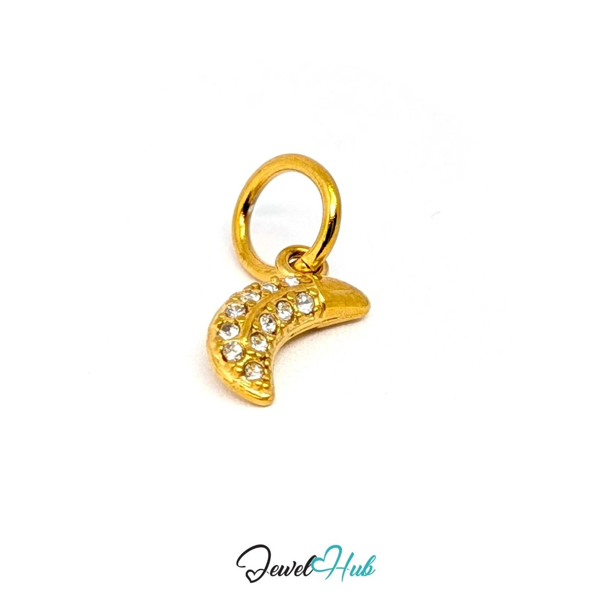Gold Mini Moon charm tilted to show the crystal rows following the curve of the crescent - JewelHub