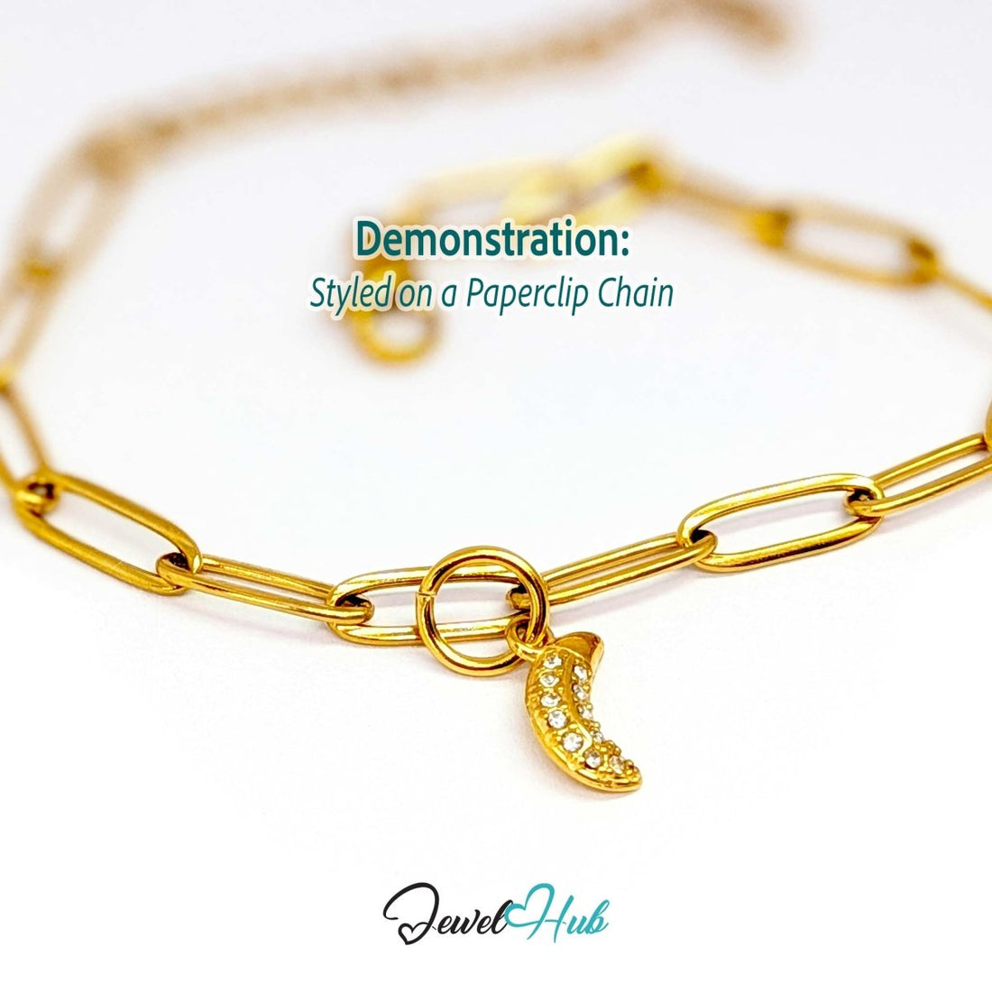 Gold Mini Moon charm styled on a gold paperclip chain bracelet - JewelHub