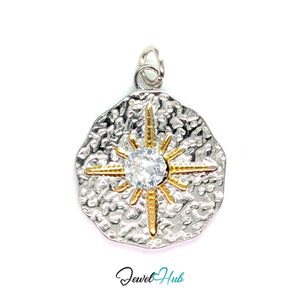 Crystal Northern Star Coin Charm - Two-Tone Stainless Steel - 19x23mm