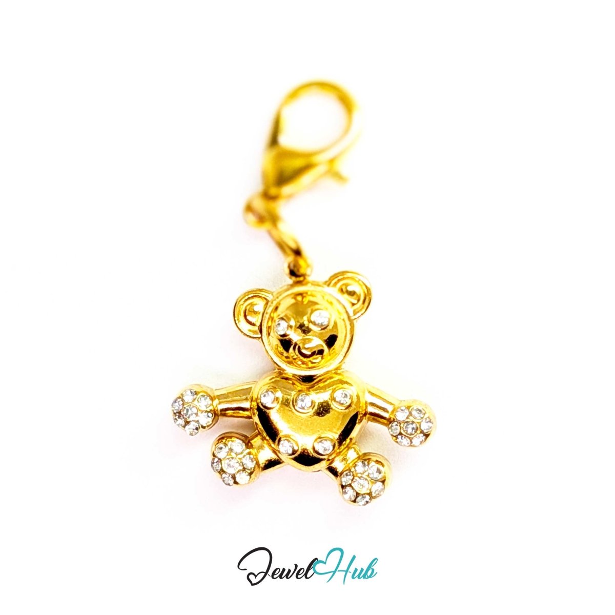 Gold Crystal Open Arms Bear charm fitted with a lobster clasp, ready to clip onto a bracelet, bag or keyring - JewelHub