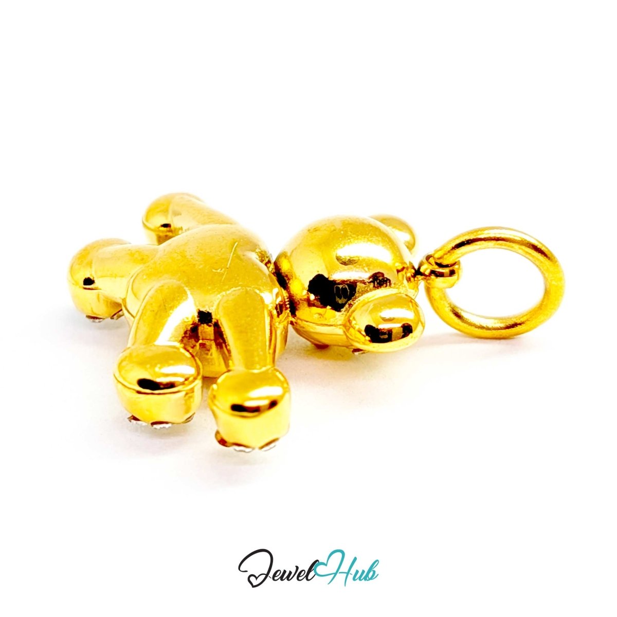 Gold Crystal Open Arms Bear charm, three-quarter view of the heart-shaped tummy panel - JewelHub