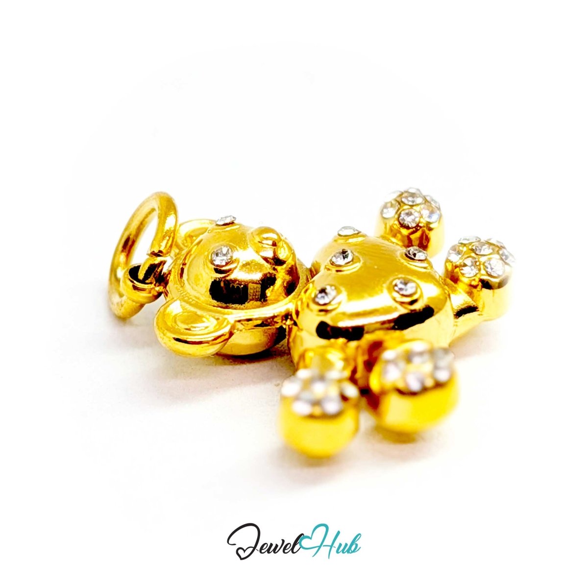 Gold Crystal Open Arms Bear charm from the side, showing its slim 5.4mm profile - JewelHub