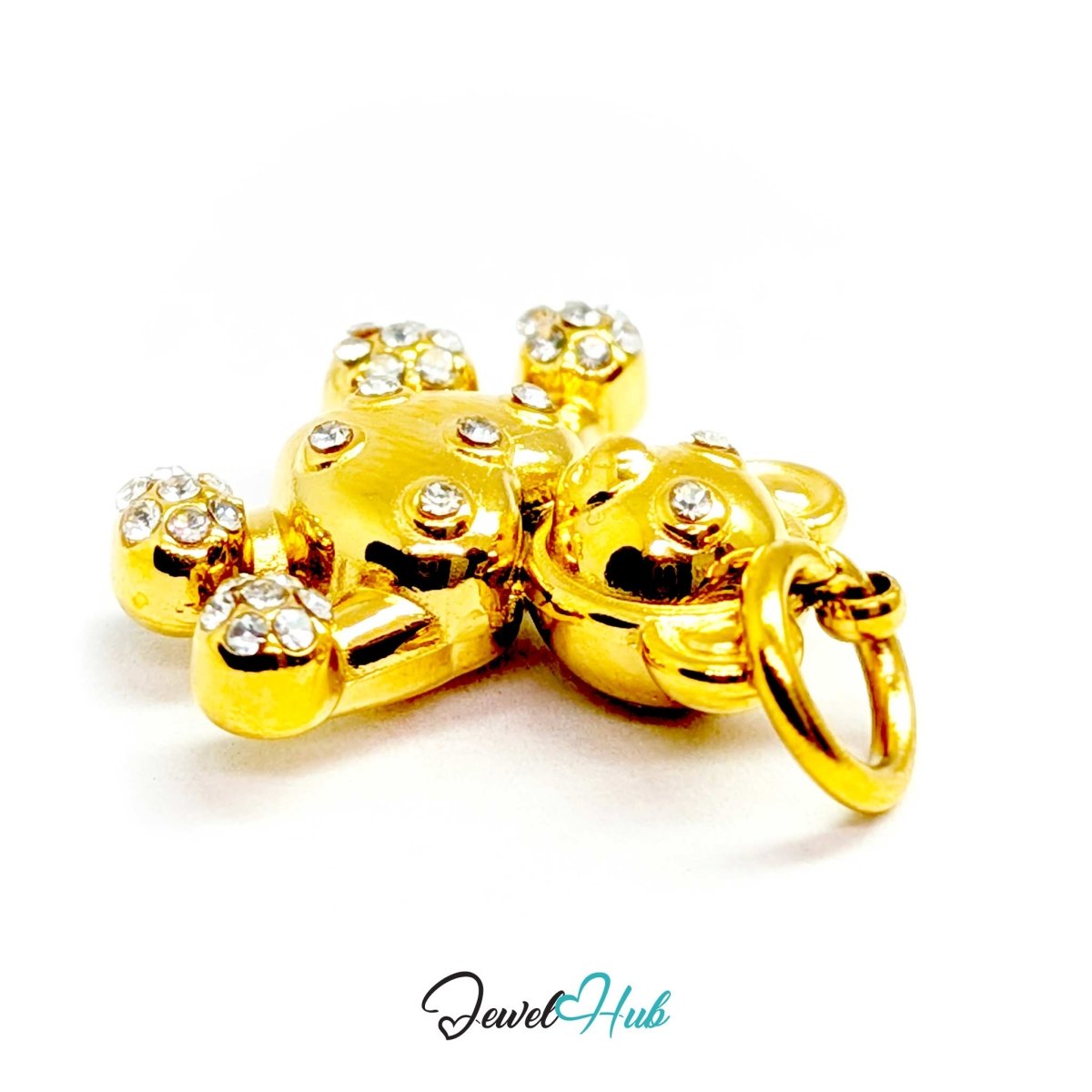 Angled view of the gold Crystal Open Arms Bear charm with crystal-set paws and soles - JewelHub