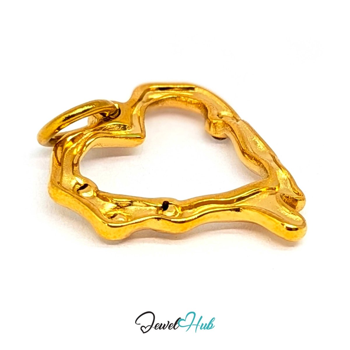 Outline Heart charm tilted, gold stainless steel - the open centre and crystals along one limb - JewelHub