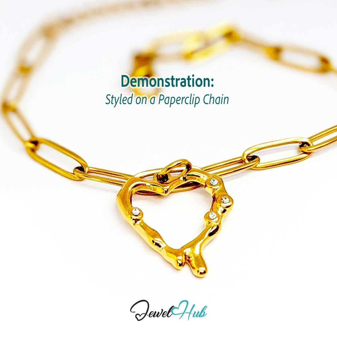 Outline Heart charm, gold stainless steel, styled on a gold paperclip chain bracelet - JewelHub