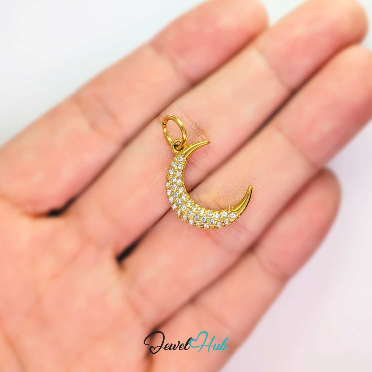 Crystal Pave Moon Charm - Gold Stainless Steel - 14x18.8mm