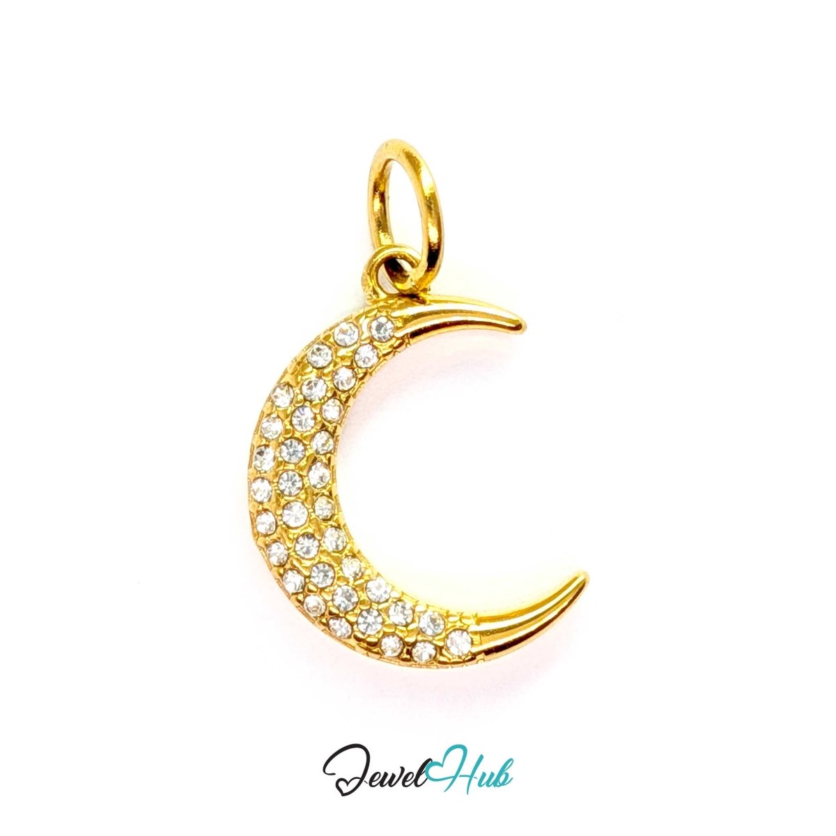 Crystal Pave Moon Charm - Gold Stainless Steel - 14x18.8mm