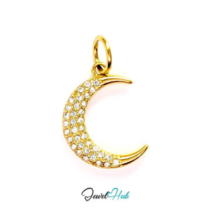 Crystal Pave Moon Charm - Gold Stainless Steel - 14x18.8mm