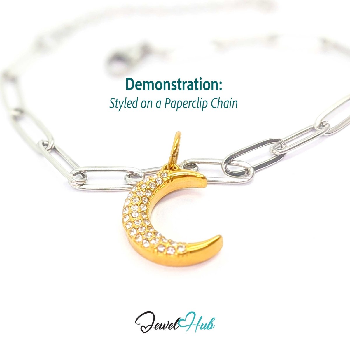 Crystal Pave Moon Charm - Gold Stainless Steel - 14x18.8mm