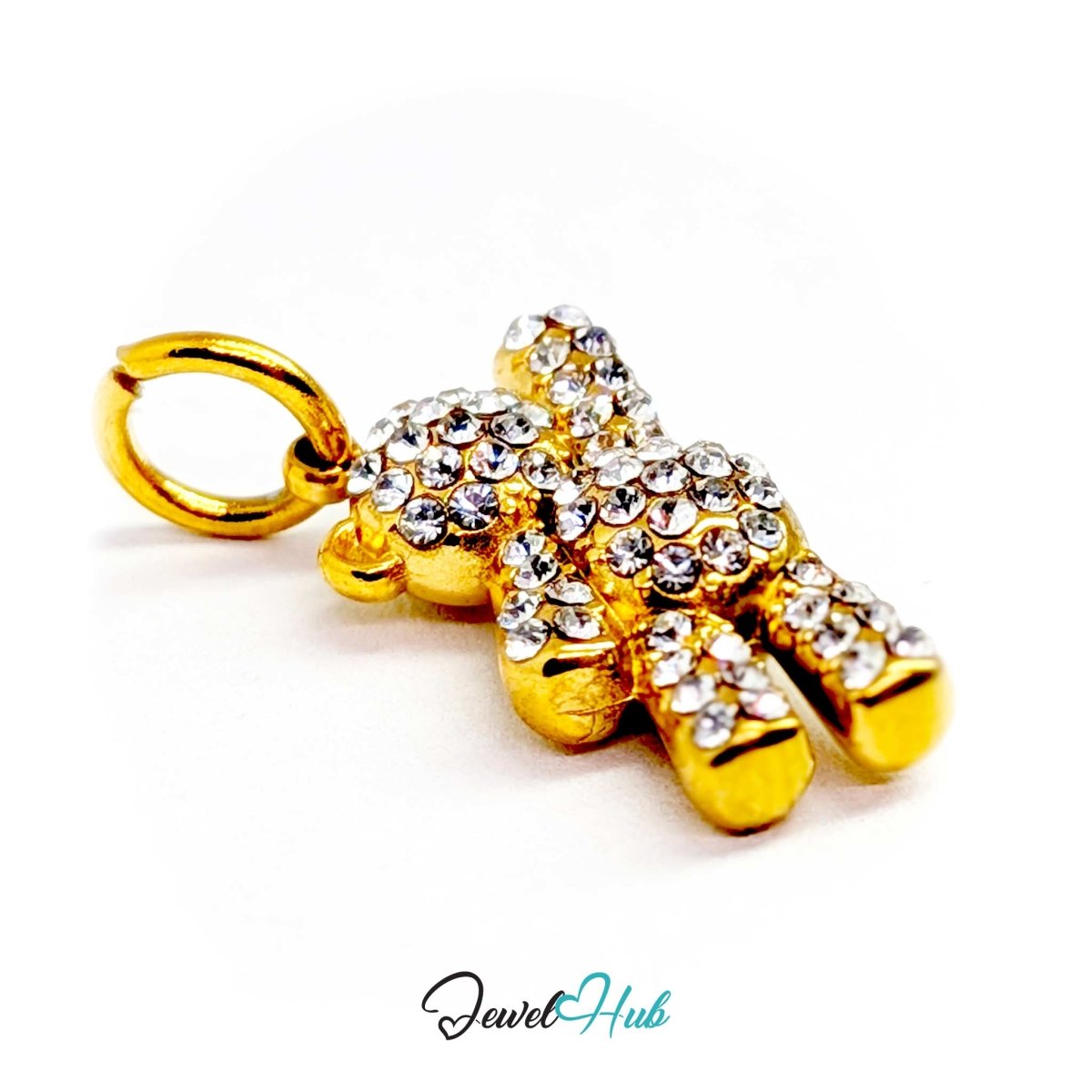 Gold Crystal Petite Bear charm from the side, showing its 5mm depth - JewelHub