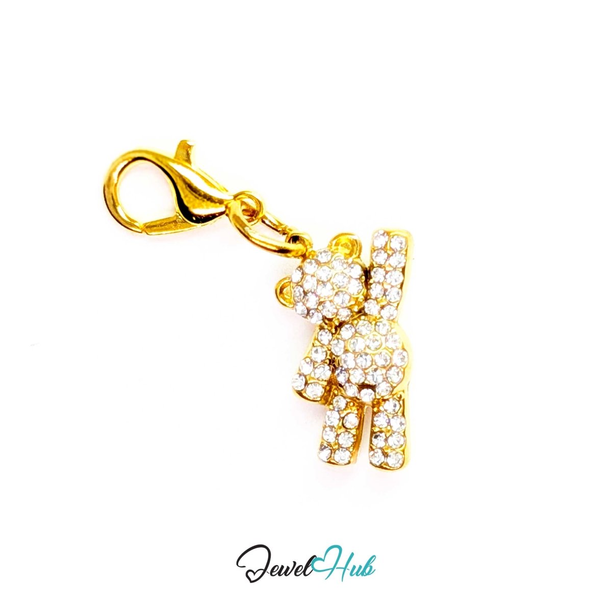 Gold Crystal Petite Bear charm fitted with a lobster clasp, ready to clip onto a bracelet, bag or keyring - JewelHub