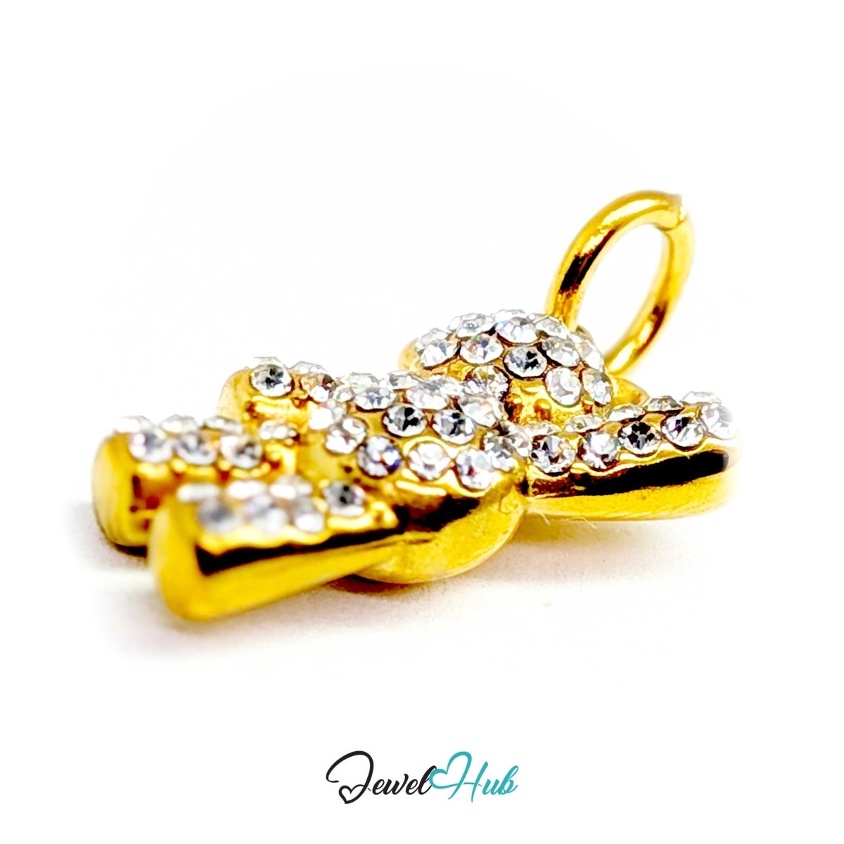 Angled view of the gold Crystal Petite Bear charm with one paw raised in a wave - JewelHub