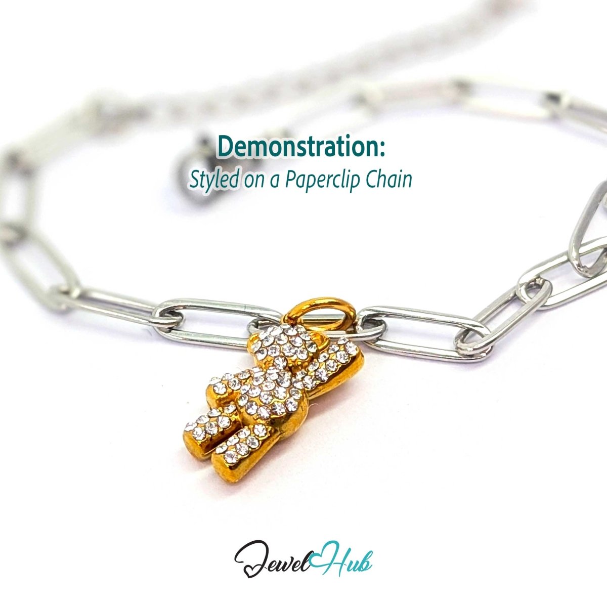 Gold crystal Petite Bear charm styled on a silver paperclip chain bracelet for a two-tone look - JewelHub