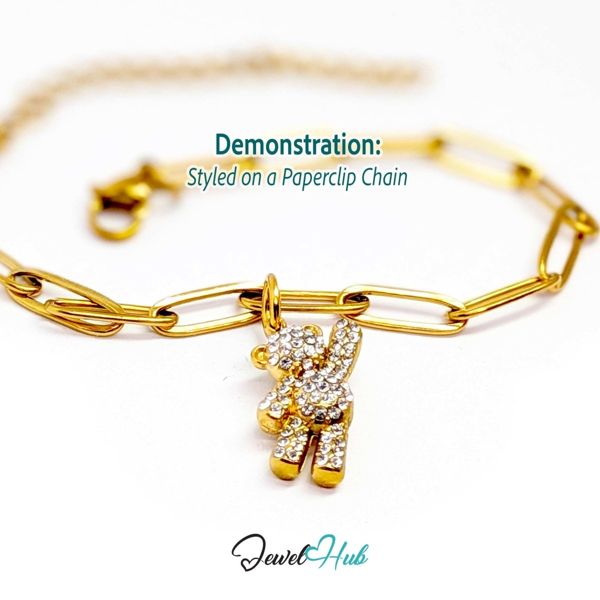 Gold crystal Petite Bear charm styled on a gold paperclip chain bracelet - JewelHub