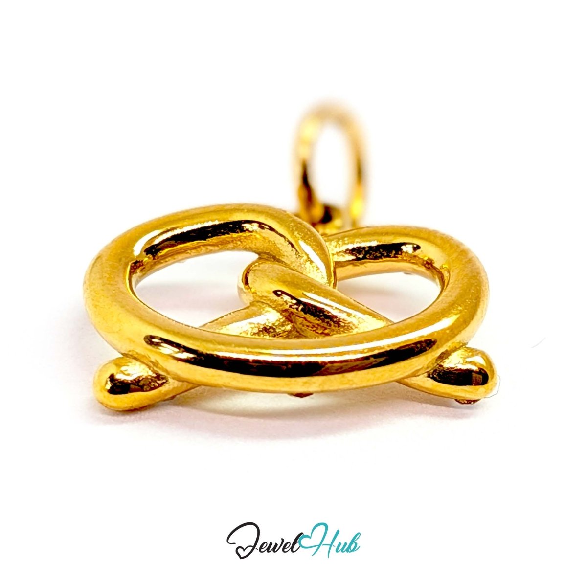 Pretzel charm in gold stainless steel with clear crystals - turned to show depth - JewelHub