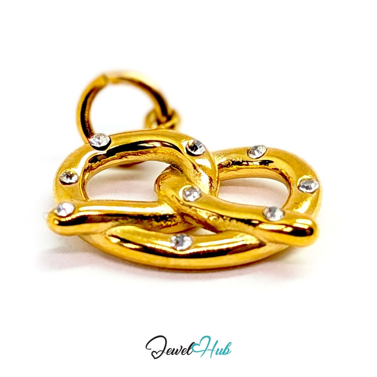 Pretzel charm in gold stainless steel with clear crystals - three-quarter view - JewelHub