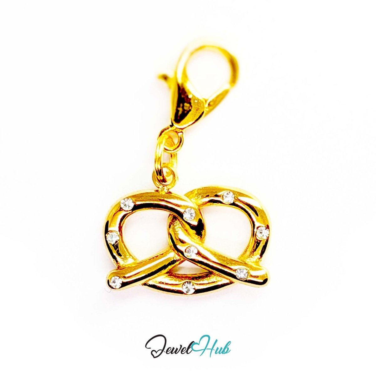 Pretzel charm in gold stainless steel with clear crystals - shown with the lobster clasp attached - JewelHub