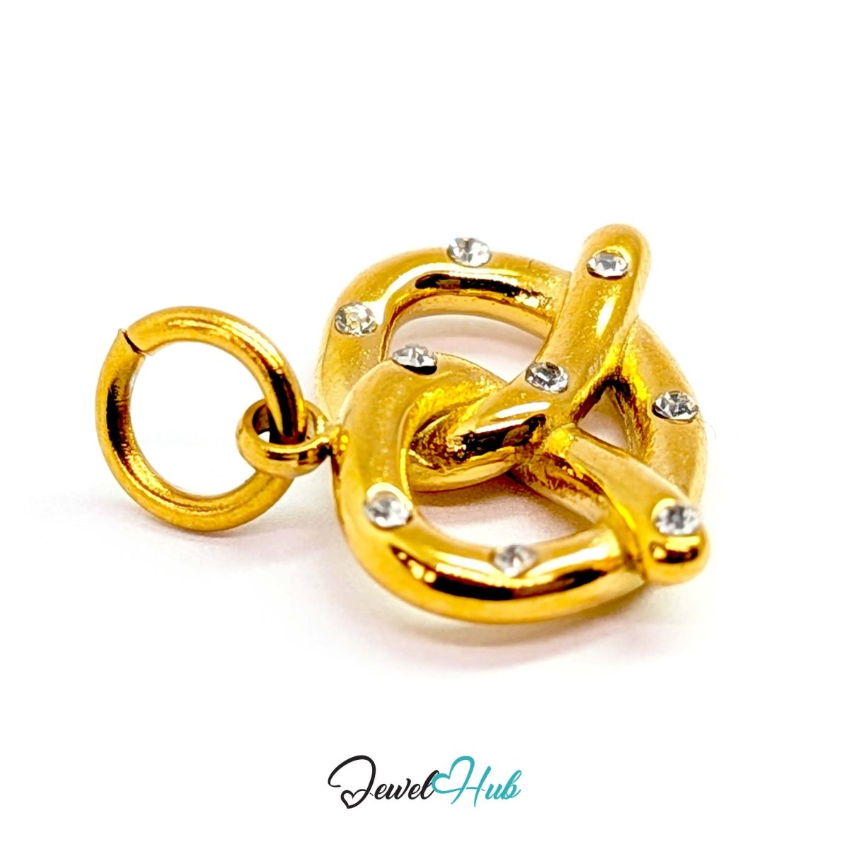 Pretzel charm in gold stainless steel with clear crystals - angled view - JewelHub