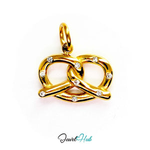 Pretzel charm in gold stainless steel with clear crystals - front view - JewelHub