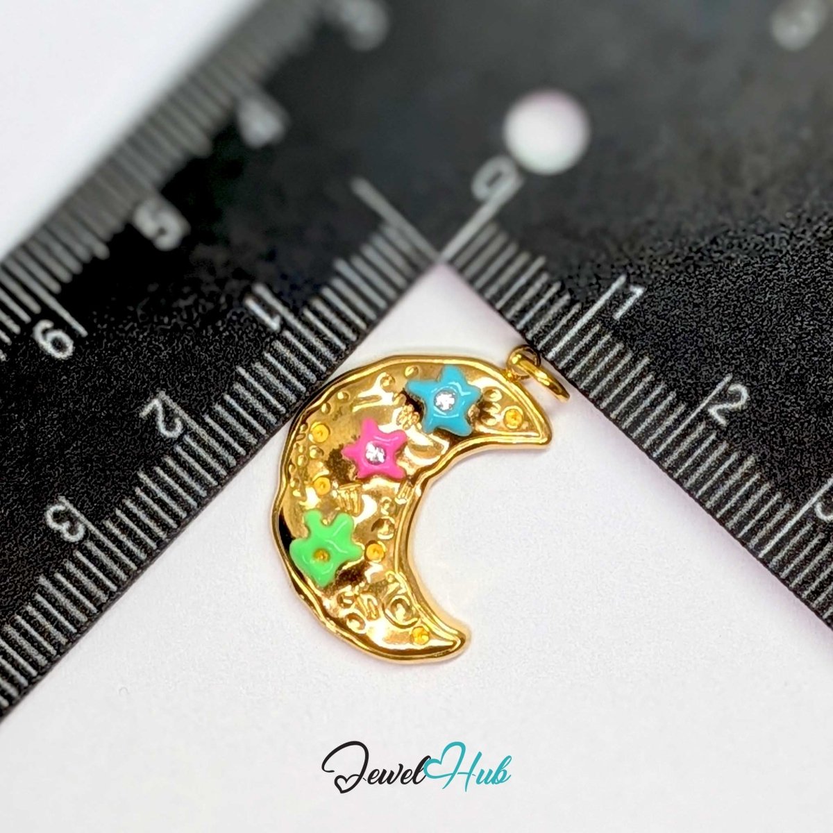 Crystal Rainbow Moon Charm - Gold Stainless Steel Enamel - 17.5x24.2mm