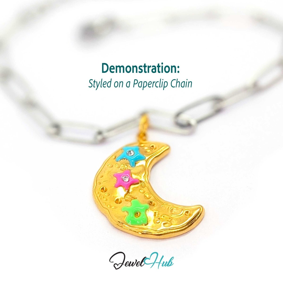 Crystal Rainbow Moon Charm - Gold Stainless Steel Enamel - 17.5x24.2mm