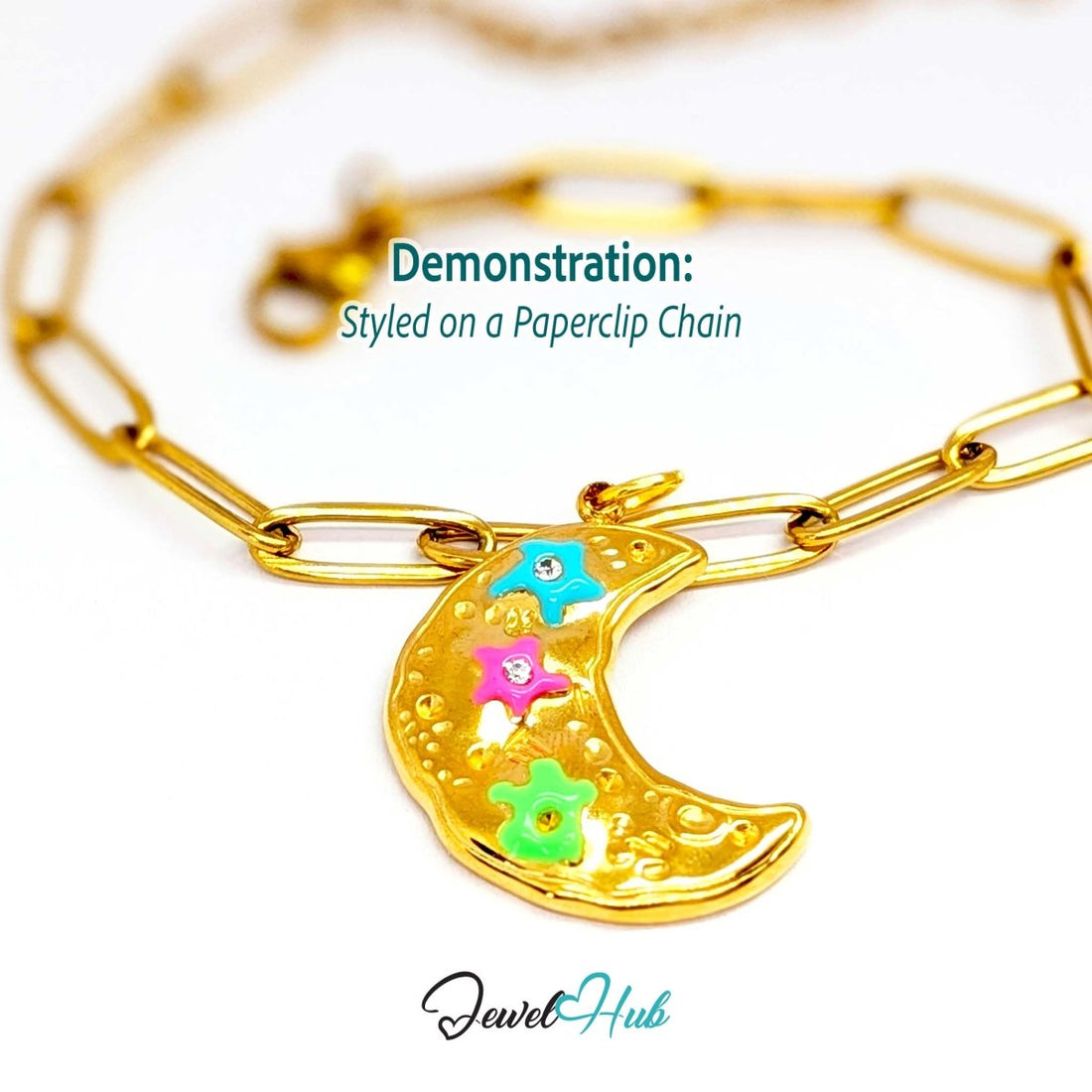 Crystal Rainbow Moon Charm - Gold Stainless Steel Enamel - 17.5x24.2mm