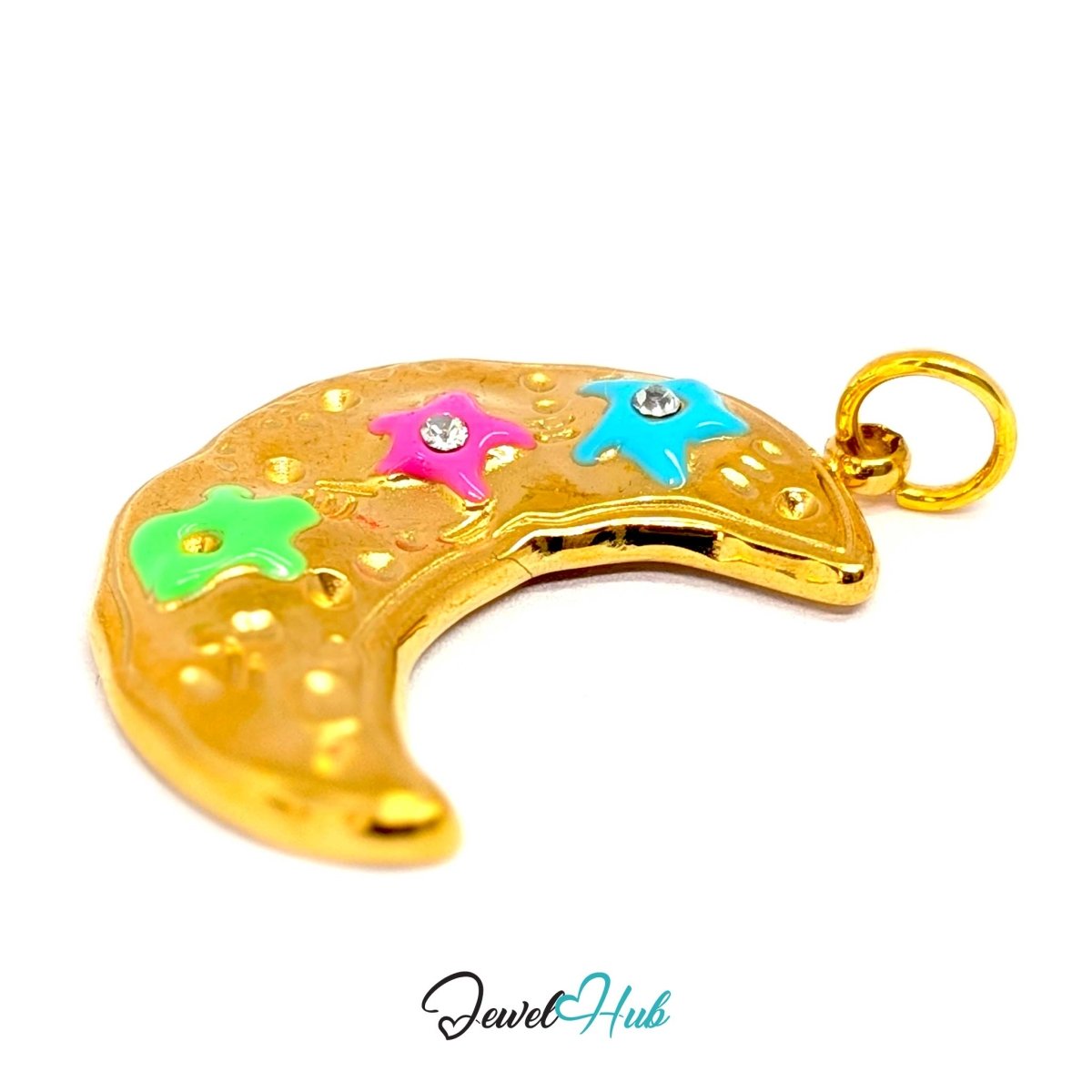 Crystal Rainbow Moon Charm - Gold Stainless Steel Enamel - 17.5x24.2mm