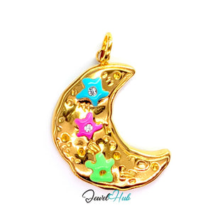Crystal Rainbow Moon Charm - Gold Stainless Steel Enamel - 17.5x24.2mm