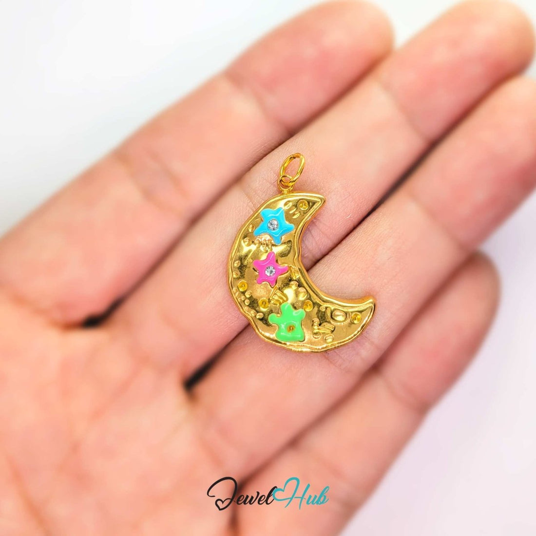 Crystal Rainbow Moon Charm - Gold Stainless Steel Enamel - 17.5x24.2mm