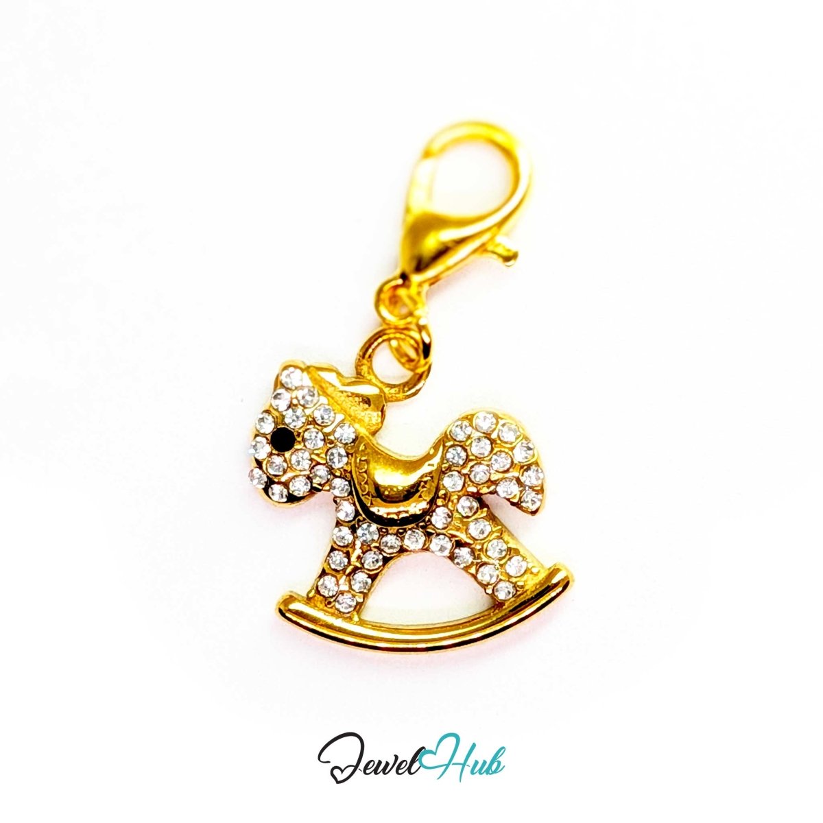 Gold Crystal Rocking Horse charm fitted with a lobster clasp, ready to clip onto a bracelet, bag or keyring - JewelHub