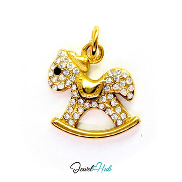 Crystal Rocking Horse charm in gold-tone stainless steel, set with around 50 clear crystals - JewelHub