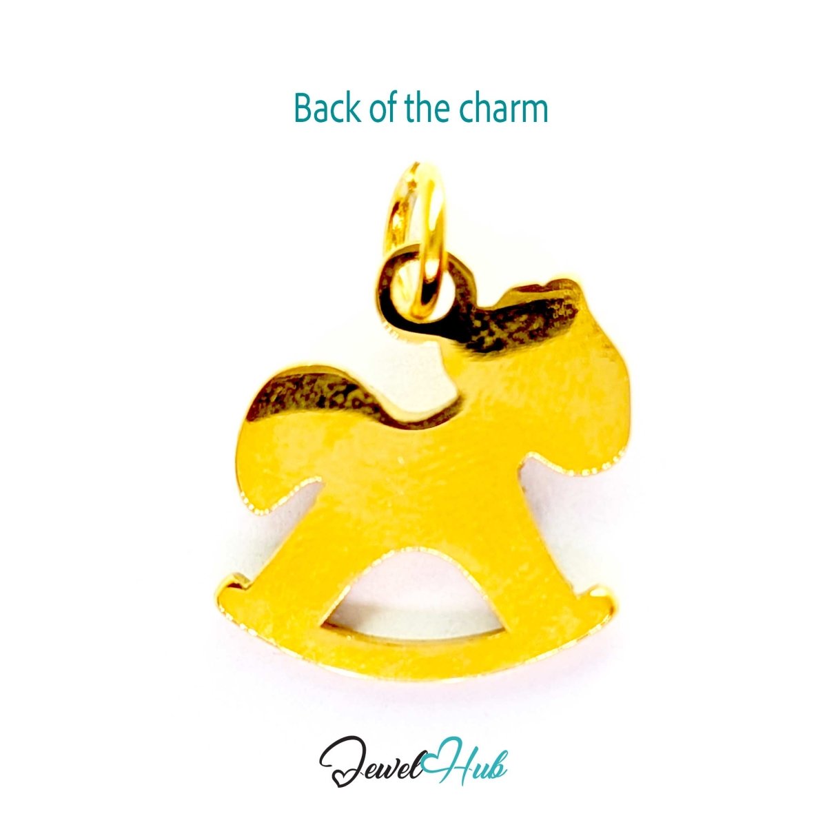 Back of the gold Crystal Rocking Horse charm - smooth polished steel, suitable for engraving - JewelHub