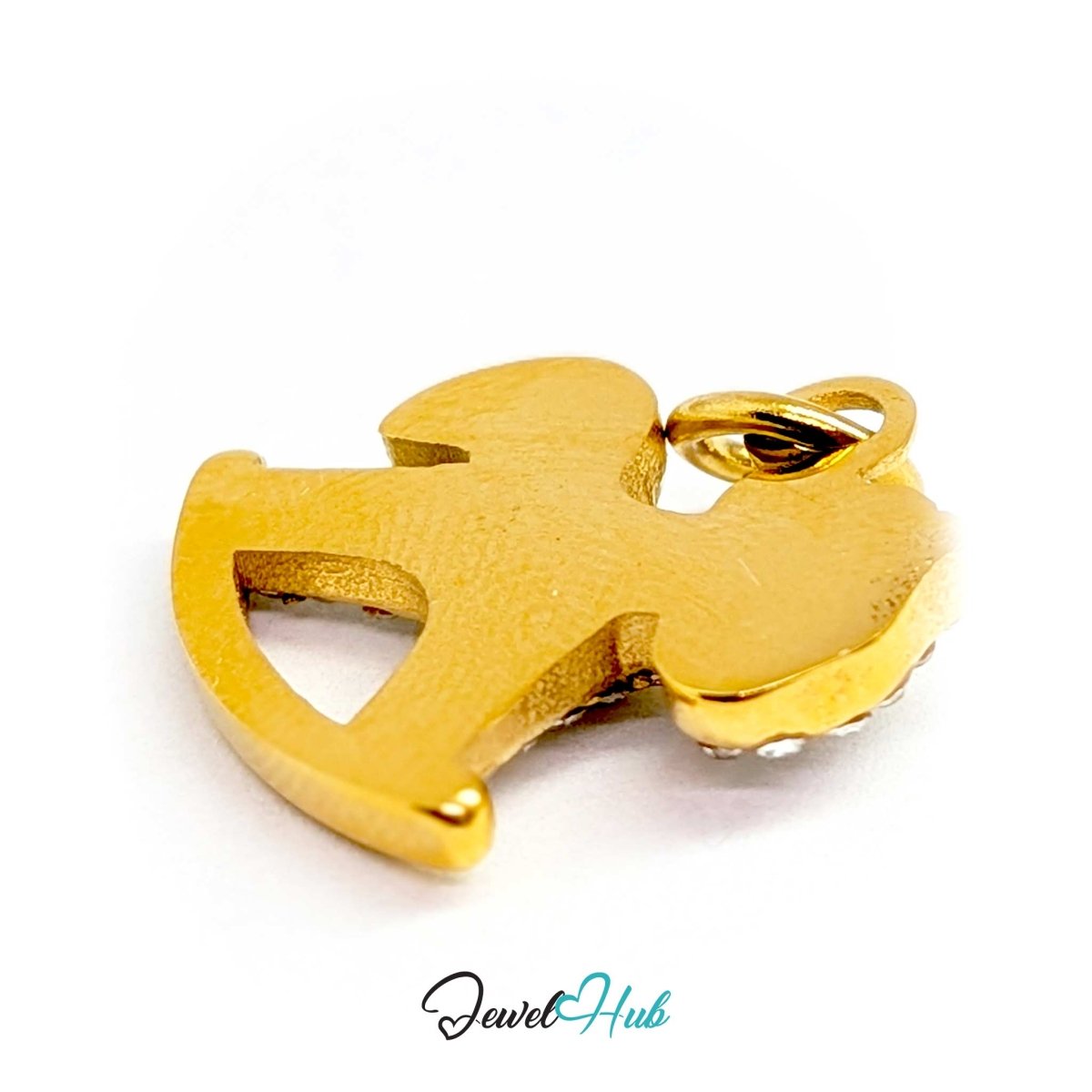 Close-up of the pave-set crystals along the mane and body of the gold rocking horse charm - JewelHub