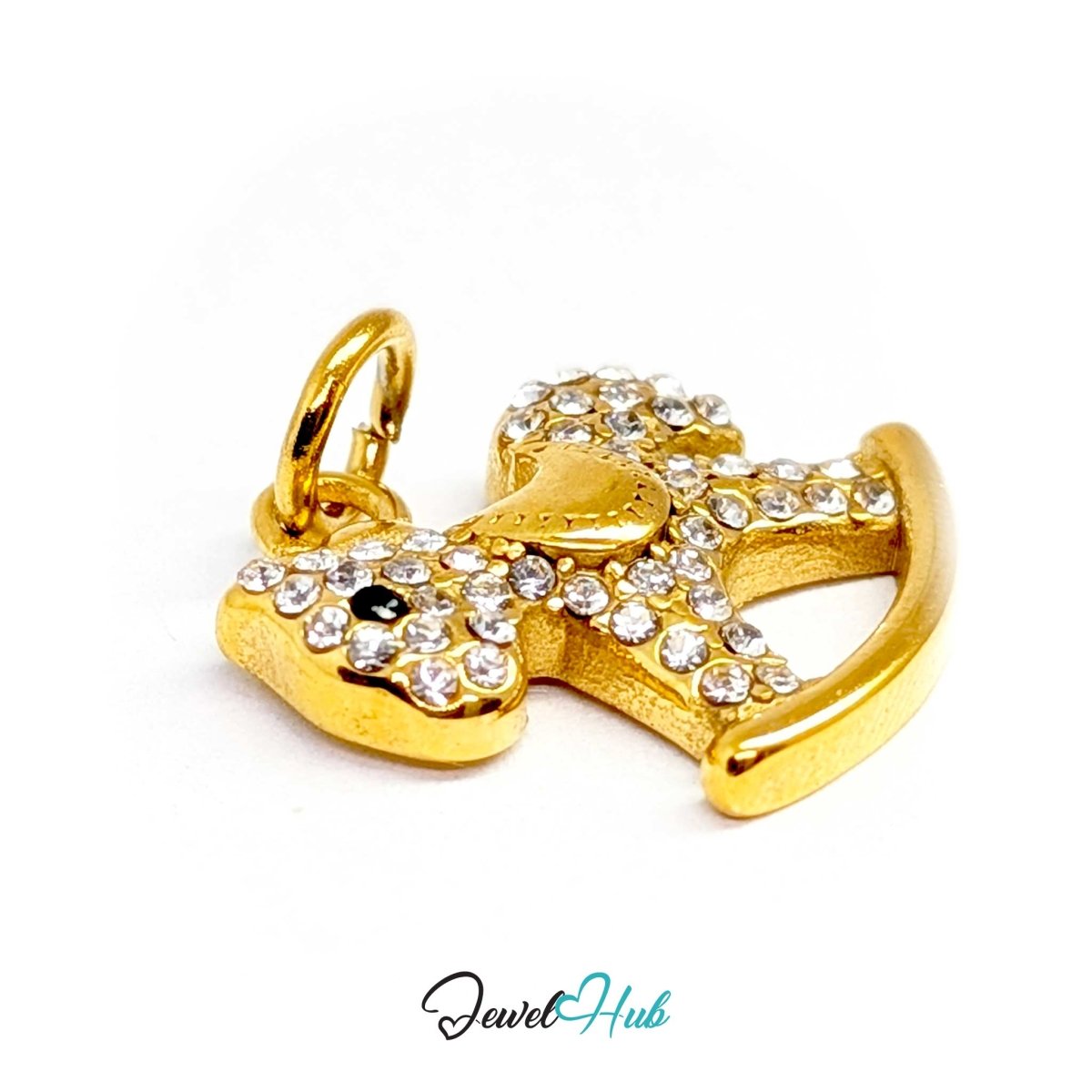 Gold Crystal Rocking Horse charm seen from the side, showing the jump ring and 3mm thickness - JewelHub