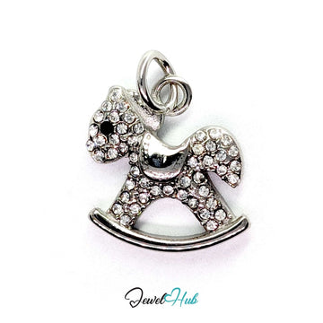 Crystal rocking horse charm in silver stainless steel, pave-set with clear crystals - JewelHub