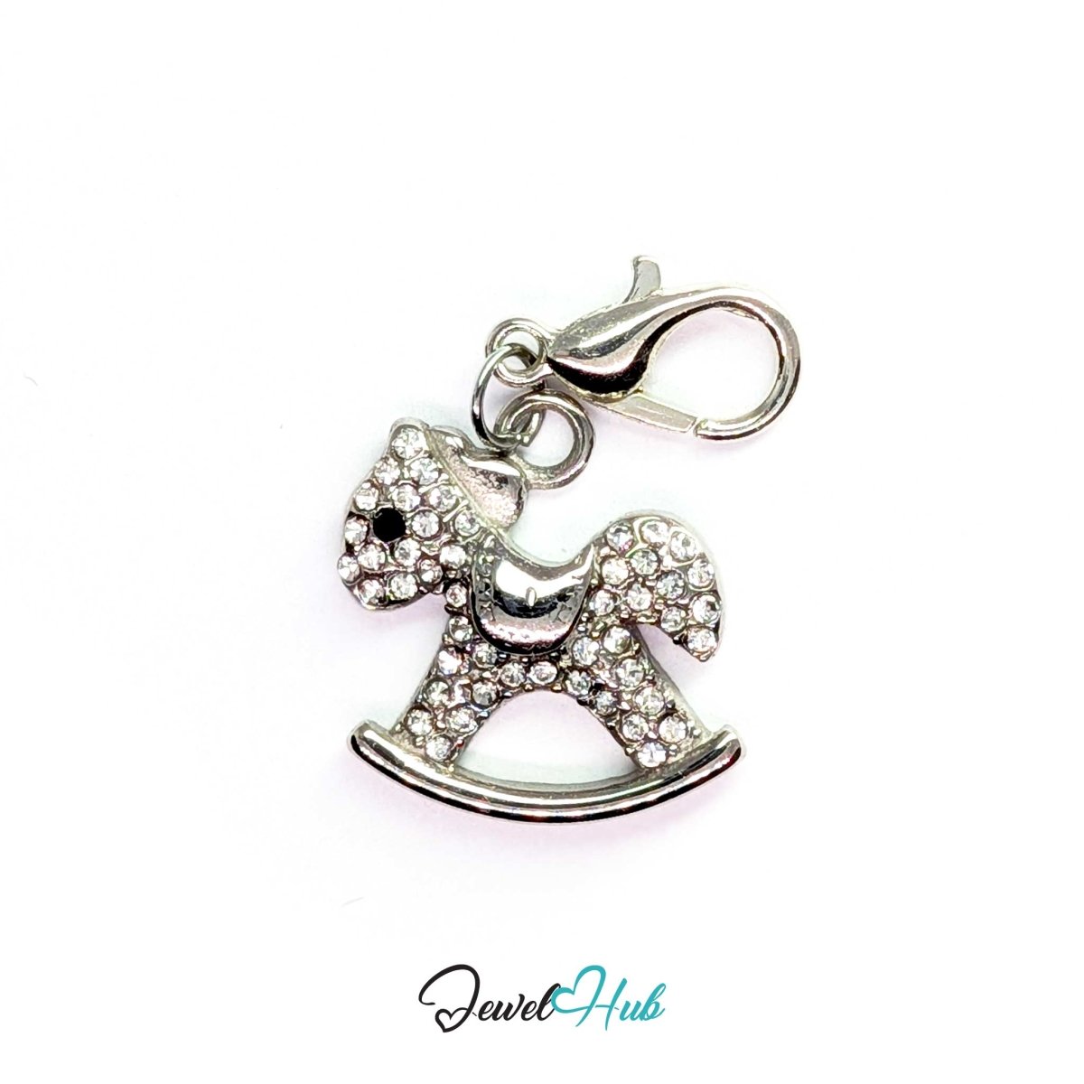 Silver Crystal Rocking Horse charm fitted with a lobster clasp, ready to clip onto a bracelet, bag or keyring - JewelHub