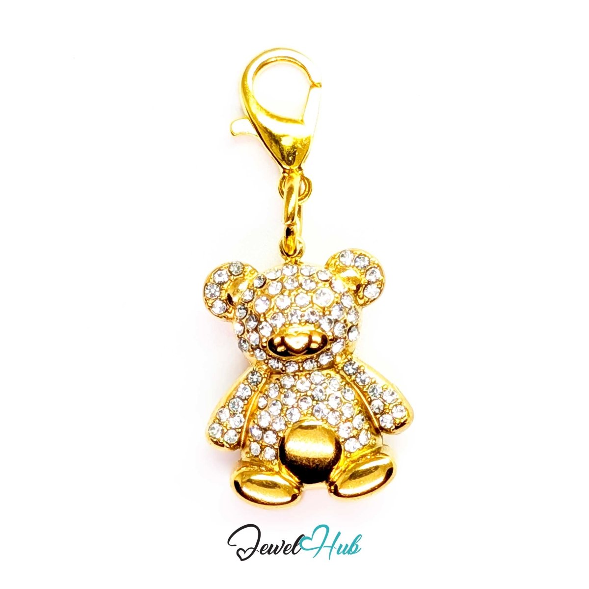Gold Crystal Sitting Bear charm fitted with a lobster clasp, ready to clip onto a bracelet, bag or keyring - JewelHub