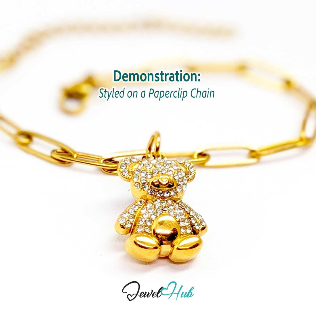Gold crystal Sitting Bear charm styled on a gold paperclip chain bracelet - JewelHub