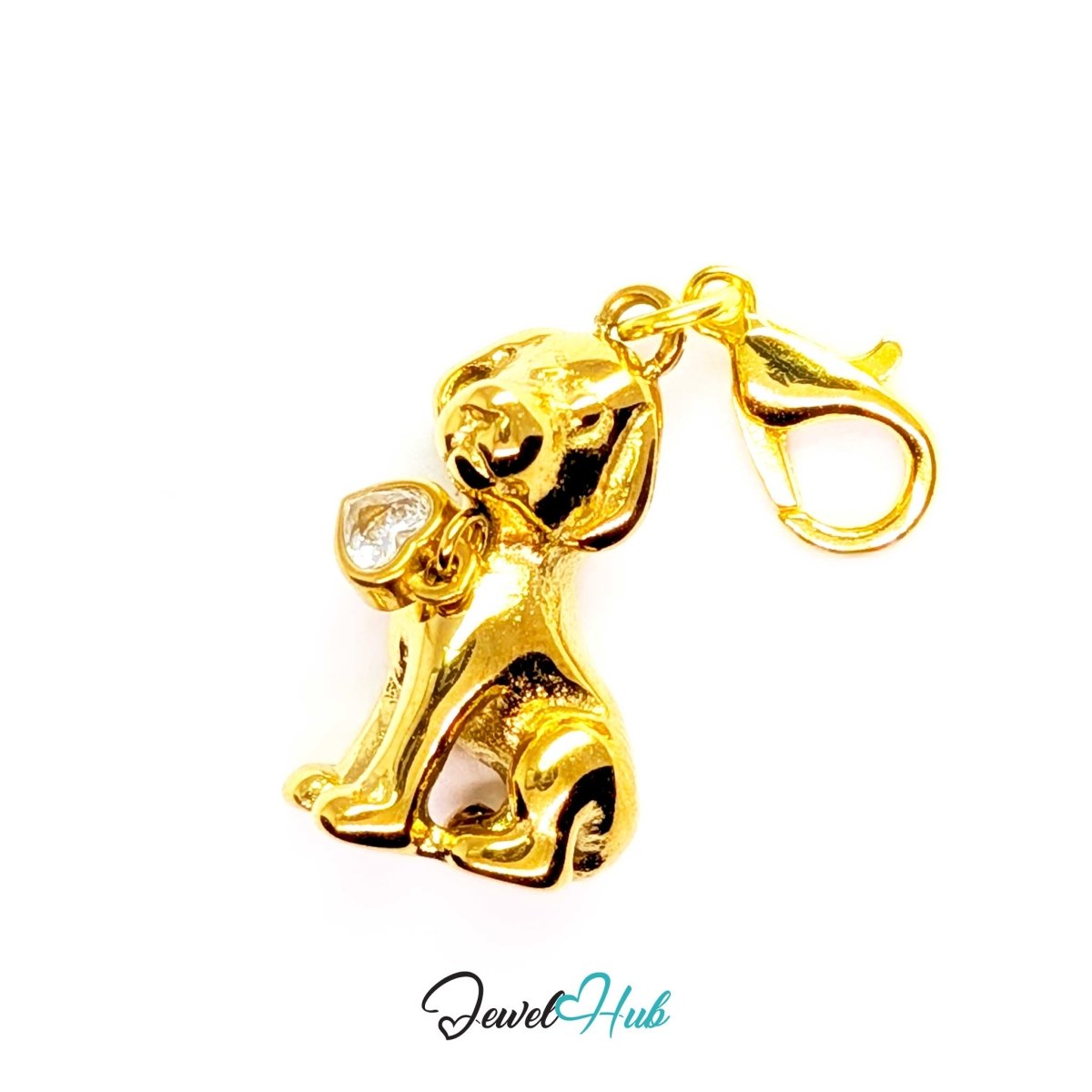 Gold Crystal Sitting Puppy charm fitted with a lobster clasp, ready to clip onto a bracelet, bag or keyring - JewelHub
