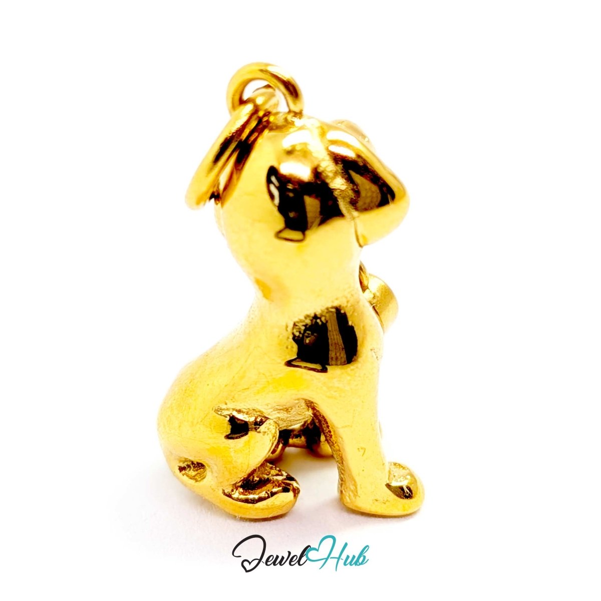Gold sitting puppy charm from behind, showing the folded ears and curled tail - JewelHub