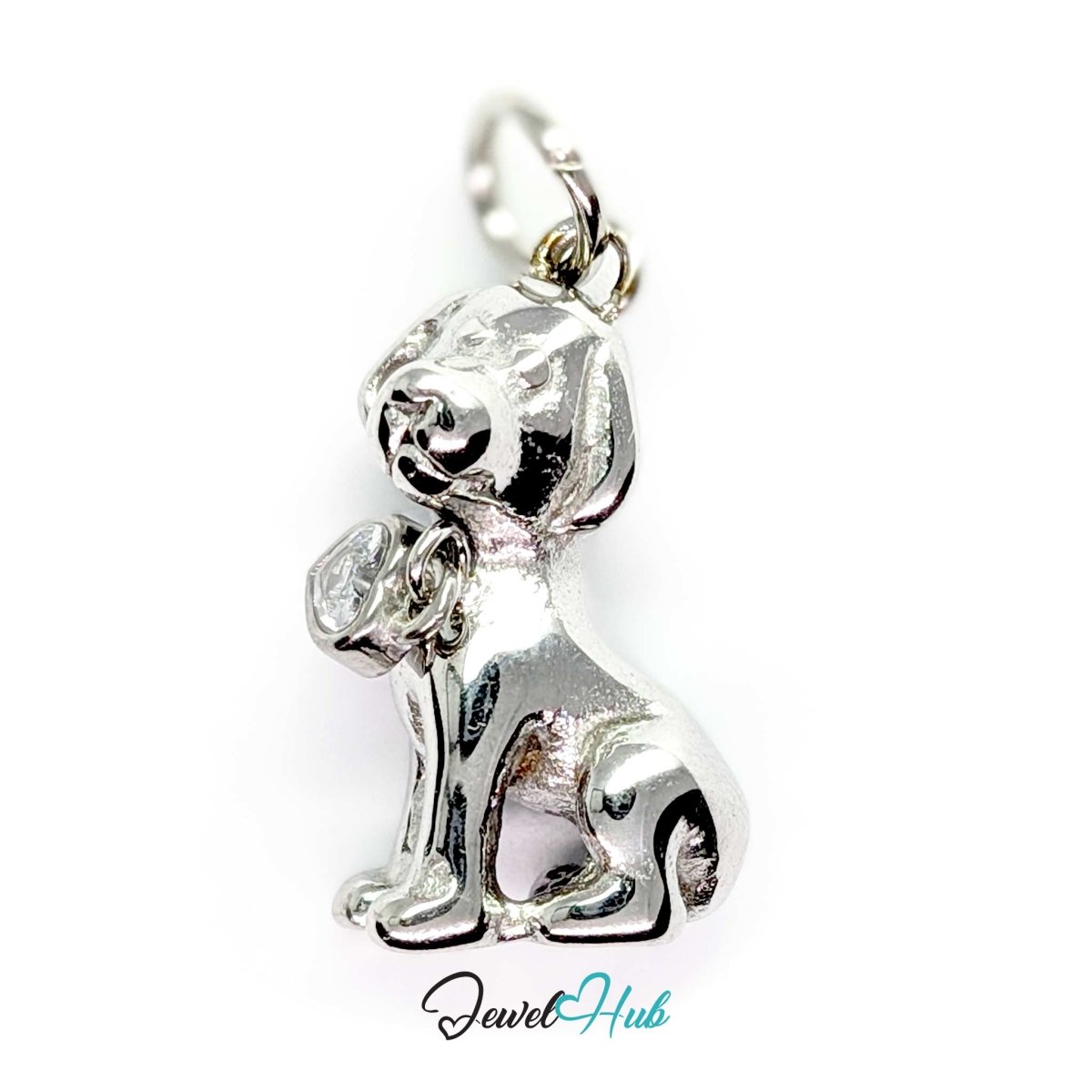 Crystal sitting puppy charm in silver stainless steel with a heart-shaped crystal collar tag - JewelHub