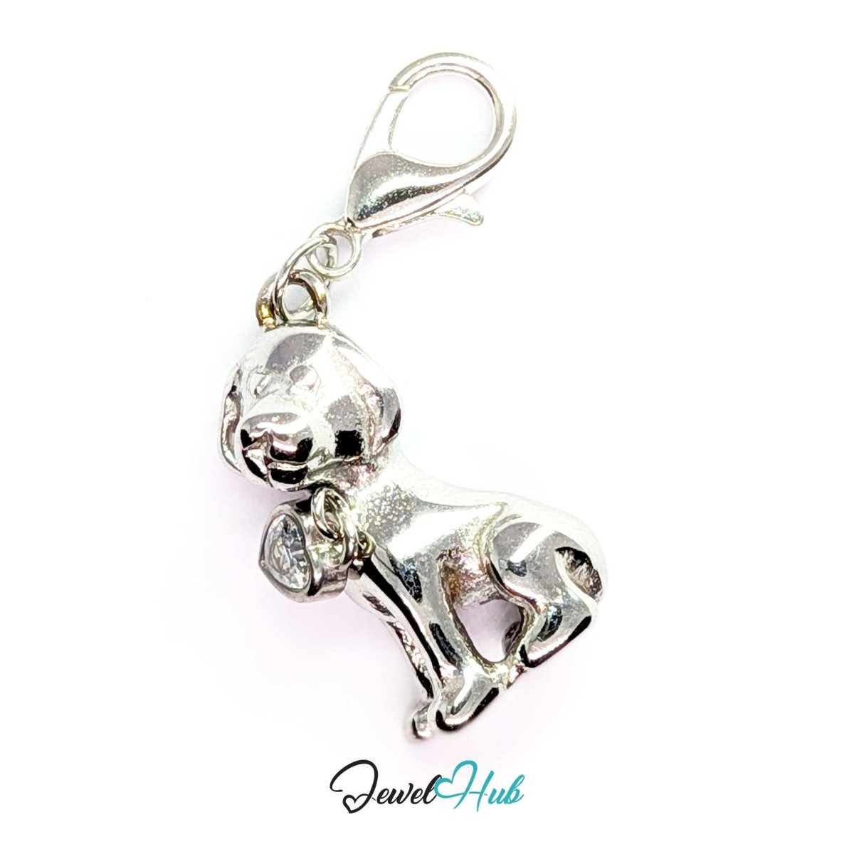 Silver Crystal Sitting Puppy charm fitted with a lobster clasp, ready to clip onto a bracelet, bag or keyring - JewelHub