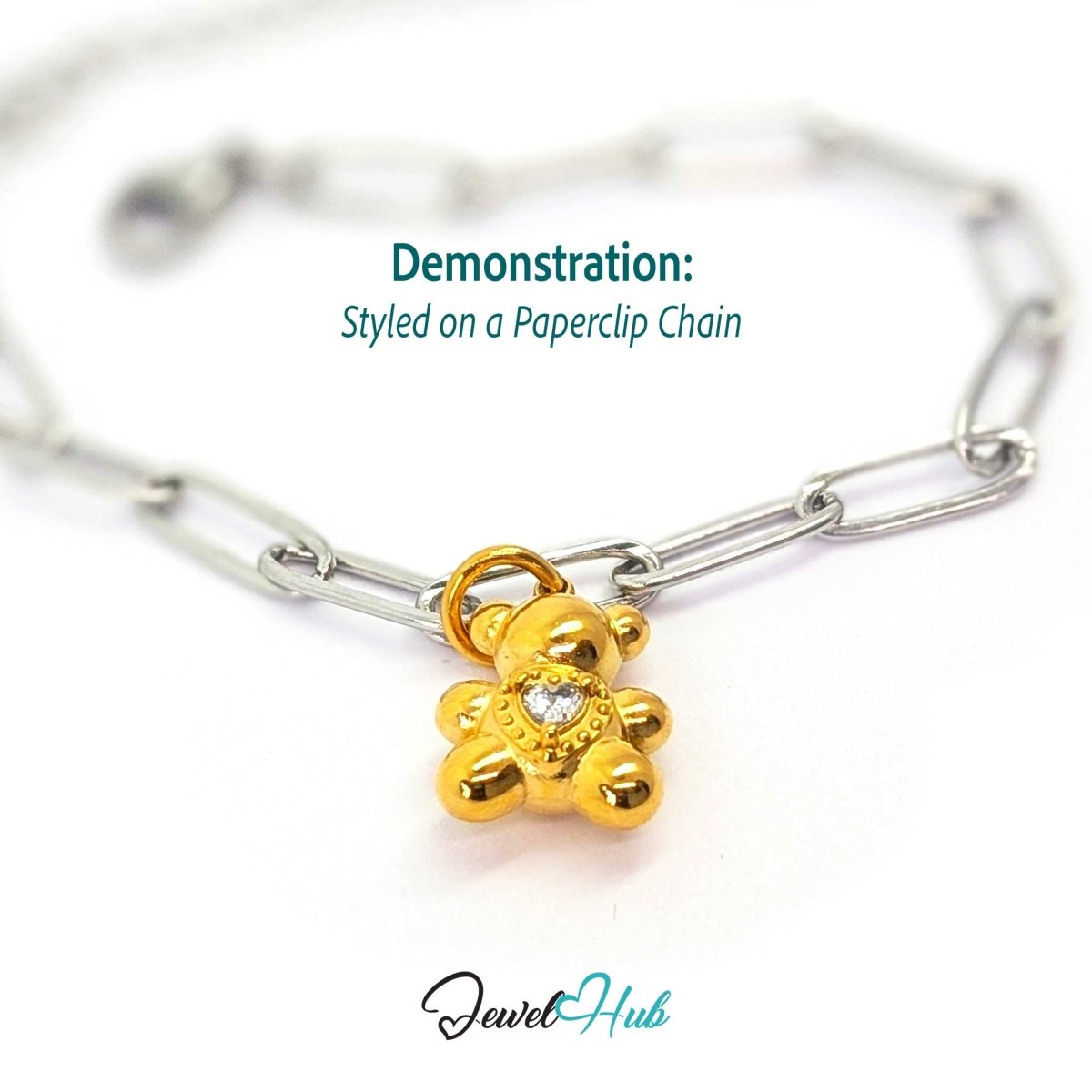 Gold small Crystal Solitaire Heart Bear charm styled on a silver paperclip chain bracelet for a two-tone look - JewelHub
